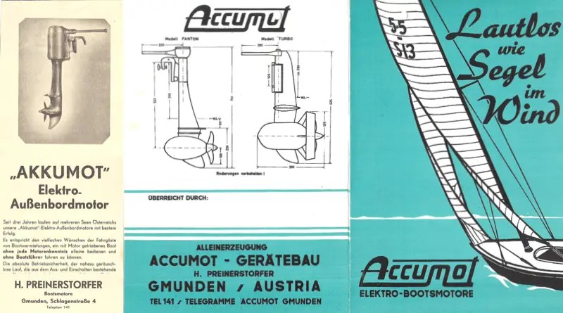 old catalogues from the 1940s and 1960s of the Accumot electric boat motor company