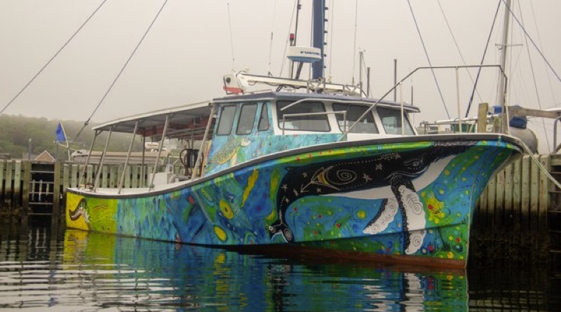 lithium-ion commercial passenger boat is shown with bright painting by Indigenous artists all over hull