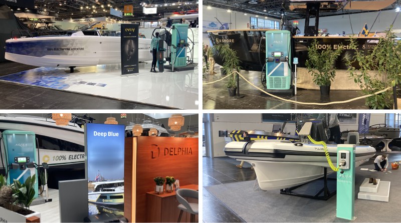 electric boats Dusseldorf - chargers at the booths of various boat manufacturers