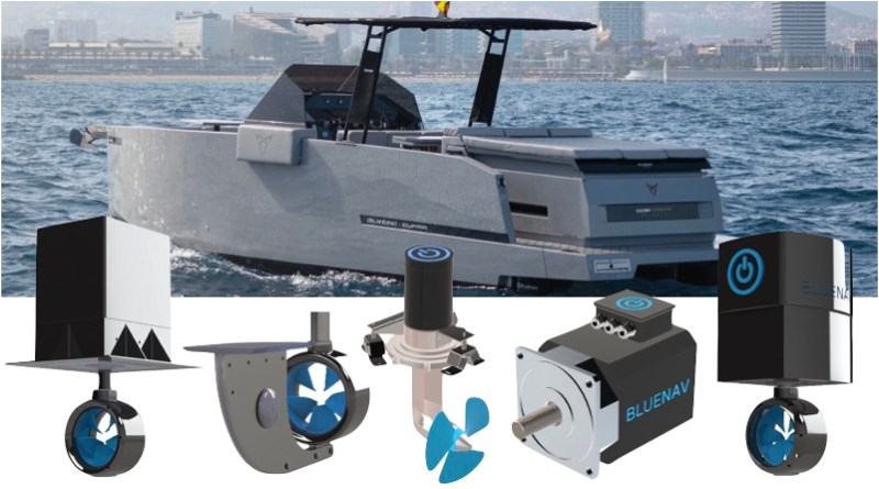 BlueNav electric-hybrid motors in front of boat