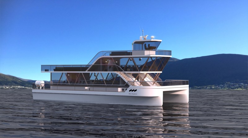 A large two storey catamaran with windows all around sits in a Norwegian fjord