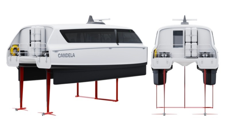 drawings of electric hydofoil shuttle seen from side and stern