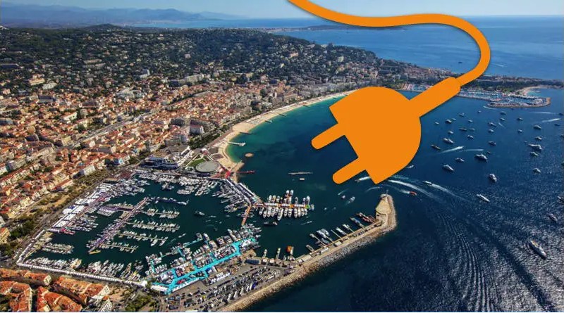 Cannes electric boat guide - phot of Cannes with electric plug superimposed