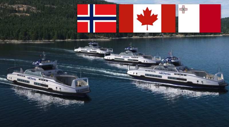 electric ferries in straits off Canada with superimposed pictures of flags of Canada, Malta and Norway