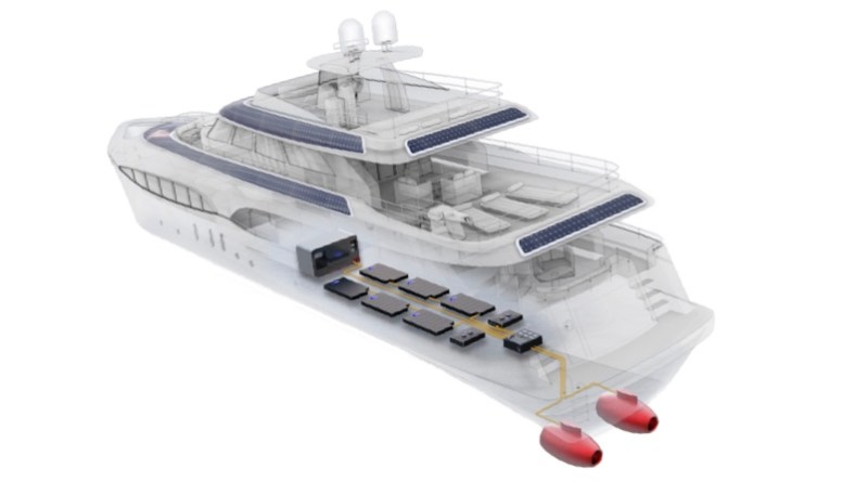 500 kilowatt electric hydrojet shown in cutaway view of large yacht