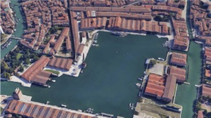 aerial view of the Arsenale where electric boat regatta will be held held in 