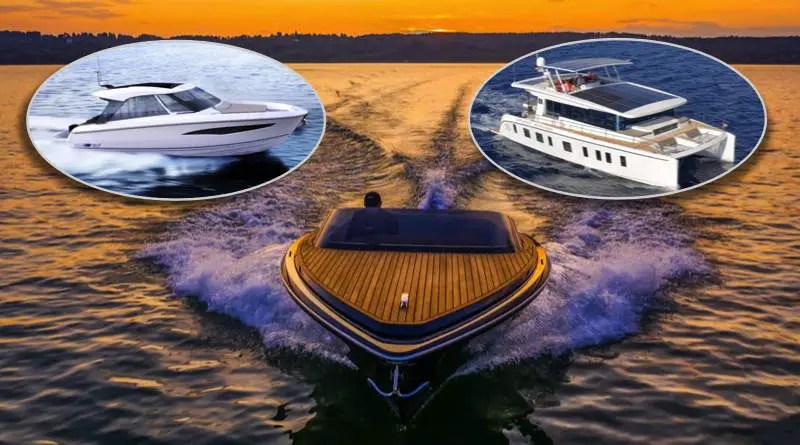 three electric boats - two speedboats and a solar powered catamaran