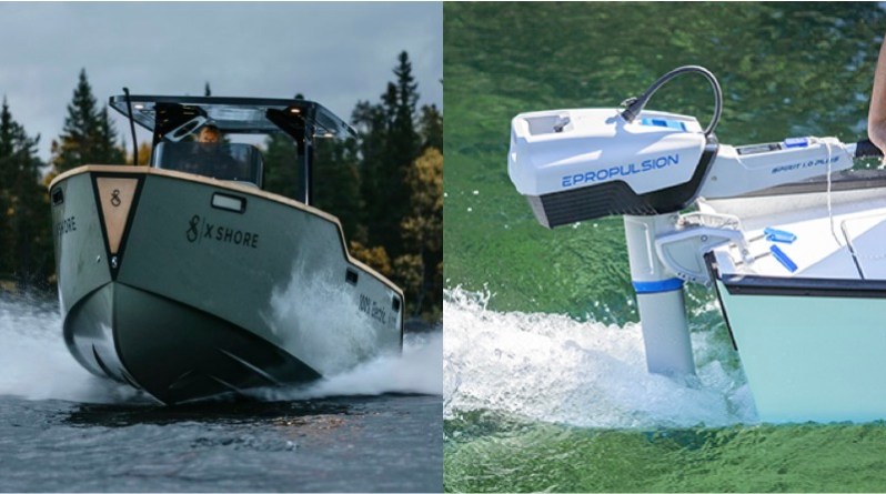 electric boats investments made in X Shore boats (boat shown on left) and ePropulsion motors (motor shown on right)