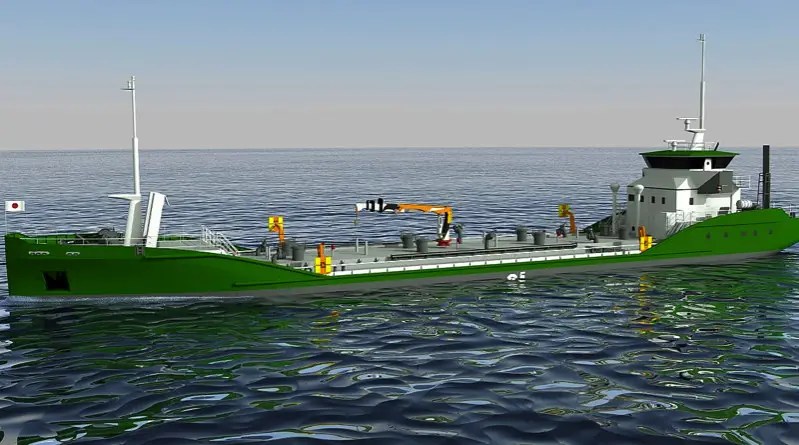 artists rendition of a large green oil tanker on the sea