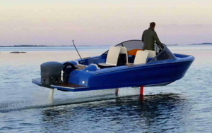 electric foiling boat Candela flies above the water