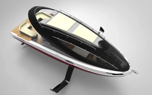 electric foiling boat - yacht with couple on lounge chairs on roof