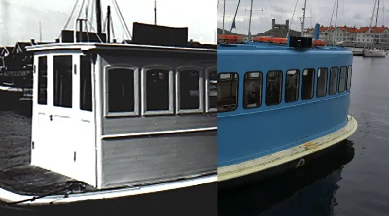 A photo composition of an early 20th century photo of the electric ferry with a 20th century photo