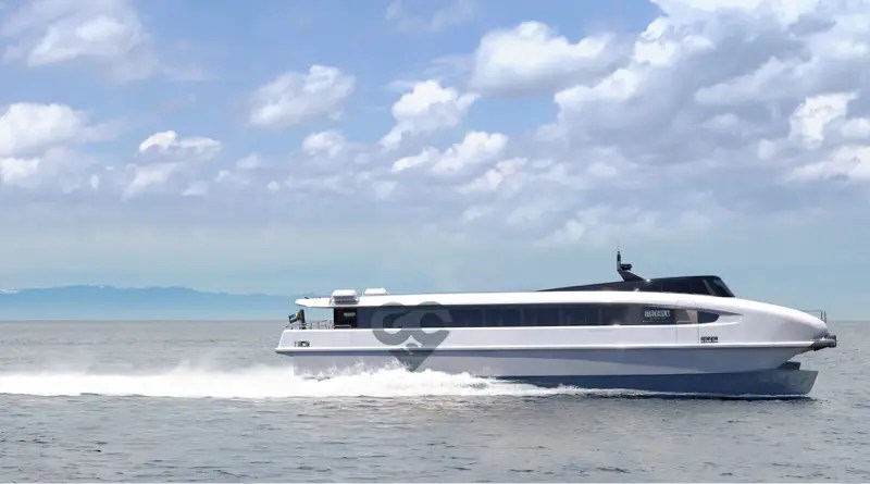 electric hydrofoil catamaran ferry speeding along the water (artist's impression)