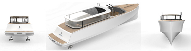 drawings of the bow, body and stern of the electric boat eLimo