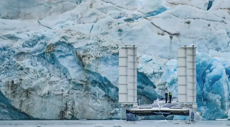 A huge solar and hydrogen powered ship is dwarfed by the Arctic ice-scape