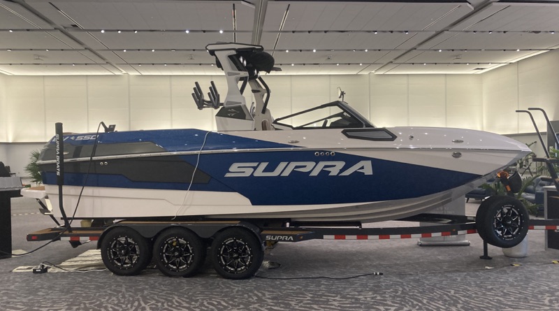 Supra electric towboat in showroom at Miami Boat Show