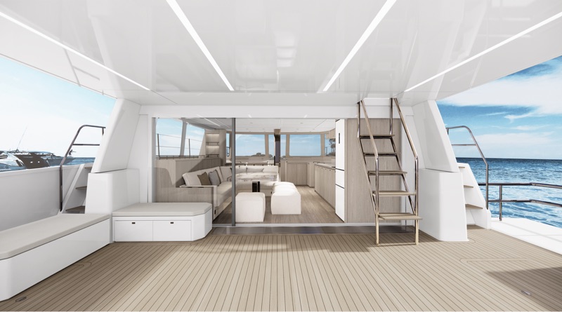 all-electric catamaran has spacious interior and exterior salons