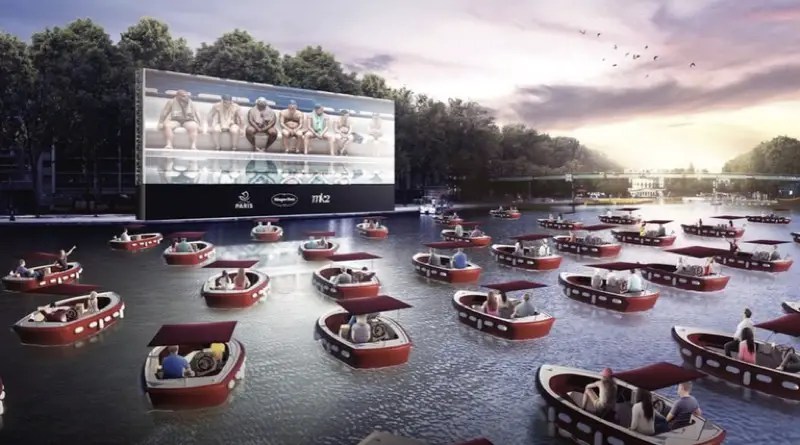 floating cinema is made up people in electric boats on the banks of the Seine in this artists conception