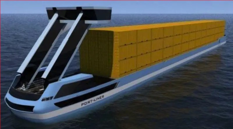 An electric barge carrying shipping containers