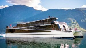 a stylish passenger ferry with angled decks like a stairway