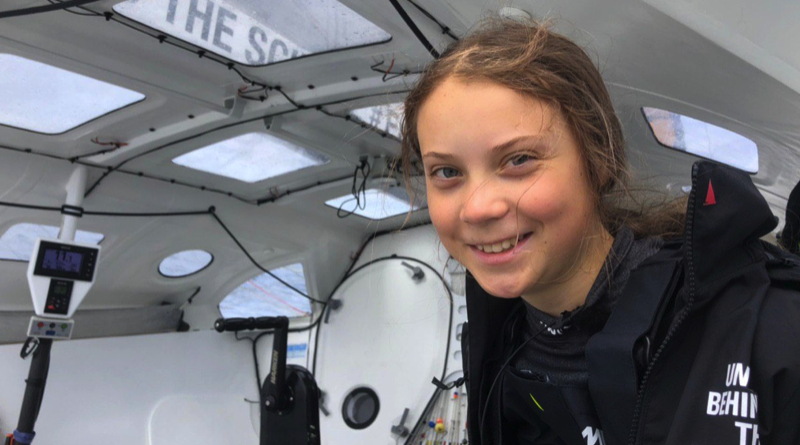 Great Thurnberg smiles inside the cockpit of the low carbon boat Malizia