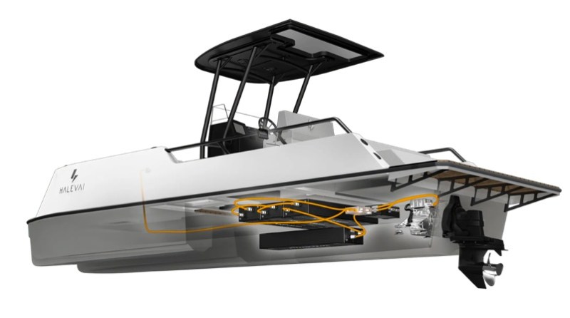 electric trimaran cutaway view showing motor and batteries