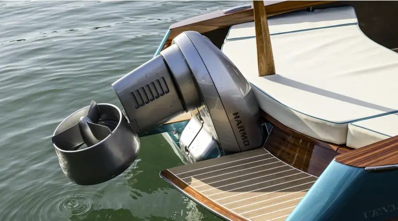 Yamaha electric boat motor at stern of boat