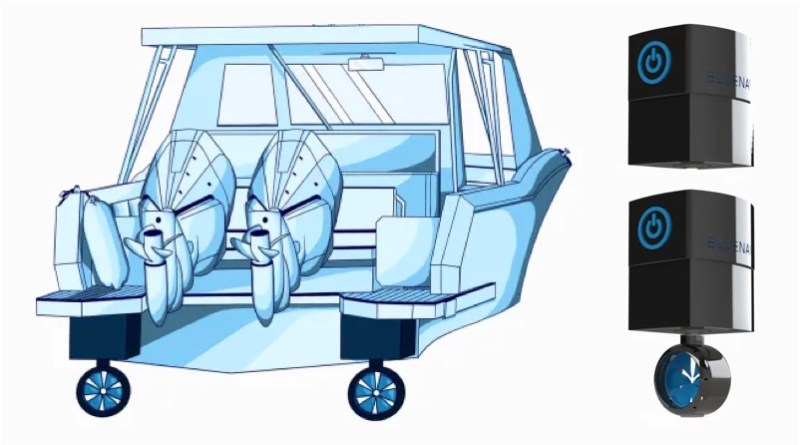 hybrid boats conversion drawing - gas outboards tilted out of the water - retractable electric motors in the water