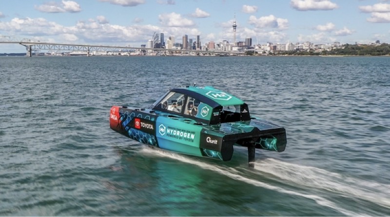 Hydrogen chase boat going at speed in New Zealand harbour