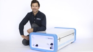 hydrogen racing yacht skipper Phil Sharp with suitcase size Genevos fuel cell module 