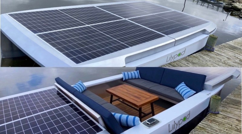 images showing Lilypad solar boat with boat covered and panels open to reveal boat interior 