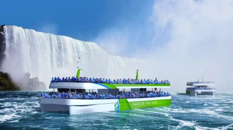 An artists version of an electric ferry with visitors aboard at the bottom of Niagara Falls