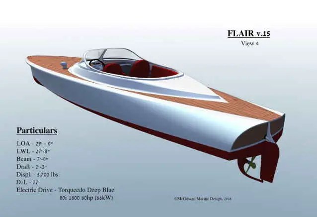 Designer's drawing of a wooden electric boat