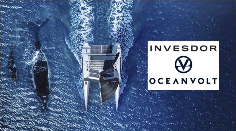 Oceanvolt crowdfunding campaign image showing a sailboat from overhead with whales swimming beside it