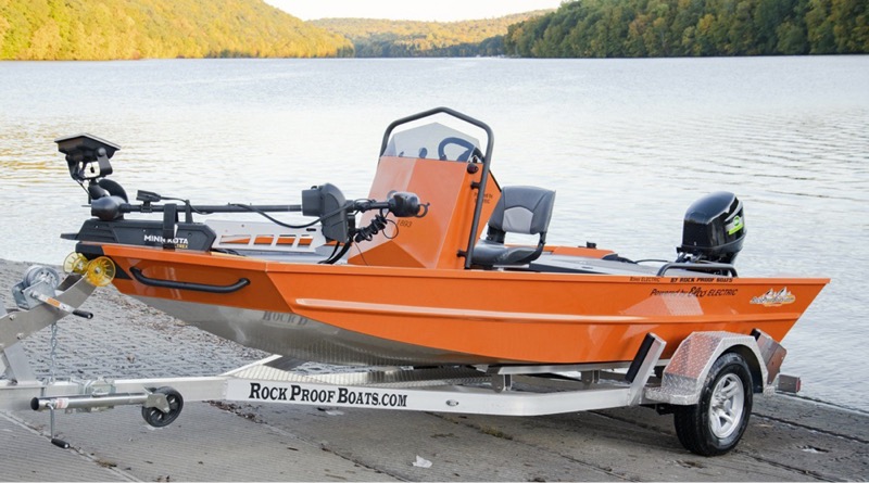 Rock Proof Boats all-electric fishing model on trailer