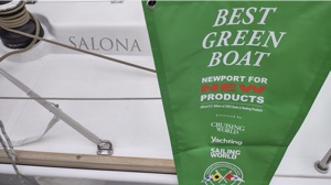 electric boat news - a green 'Best Green Boat' burgee on the Salona 46