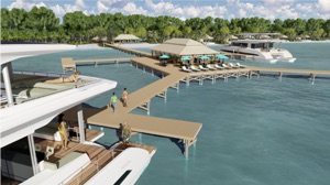 solar powered resort showing view from boat to land facilities