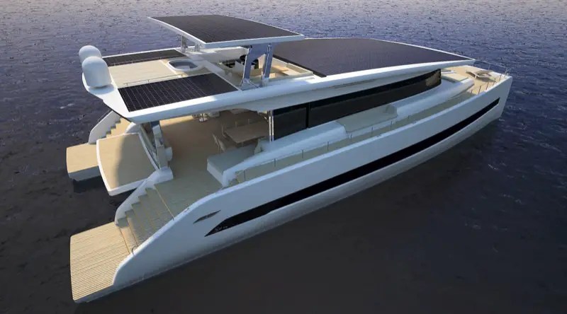 A luxury megayacht with solar panel on the roofs