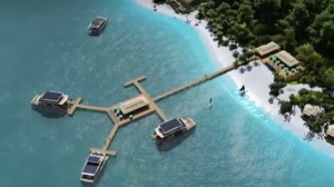 overhead view of SIlent Yachts catamarans linked to buildings on land