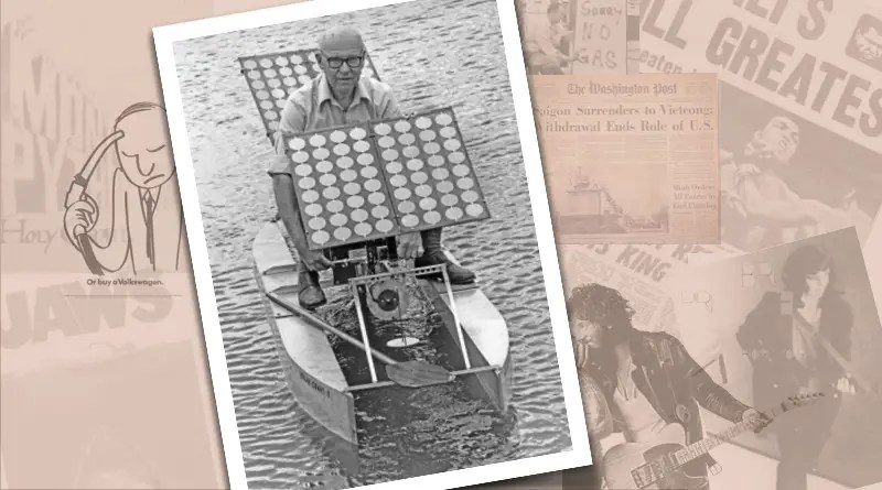 A black and white photograph of a man in a very small boat is in front of a montage of news photos from 1975