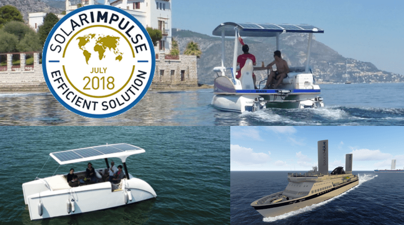 three boats - two solar boats and a shipping boat with huge sails