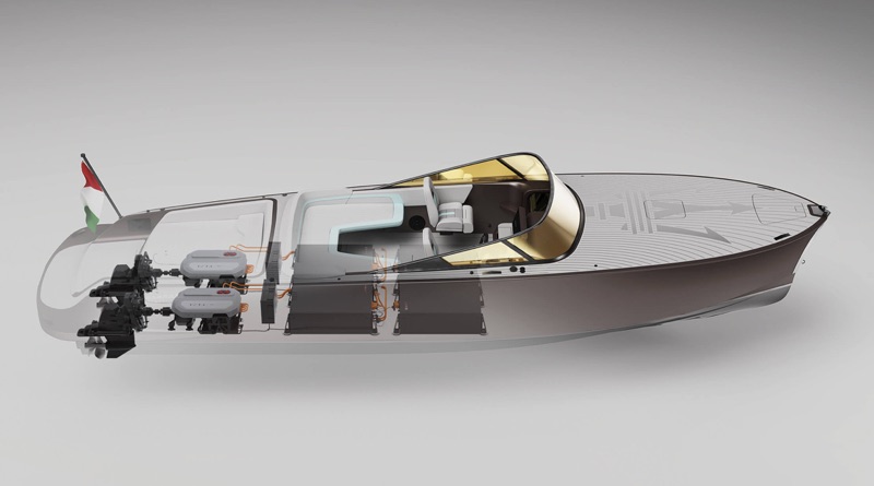 Tridente electric powerboat cutaway drawing showing motors and batteries