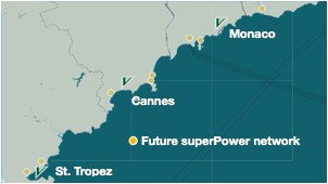 electric boat chargers network shown on a map of Cote d'Azur