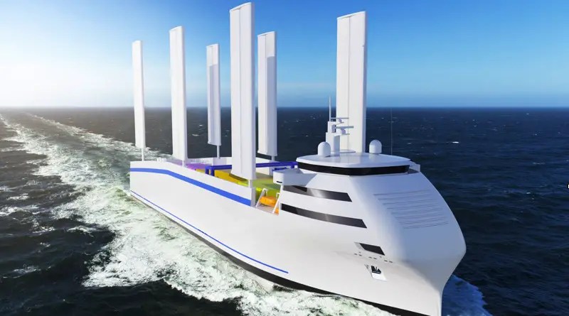 artists rendition of a large cargo ship with 6 rigid wing sails standing up about 100m above the deck