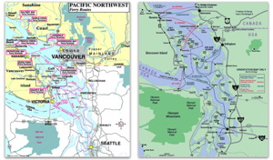 A combined route map of the ferries of Wasdhington State and British Columbia ferries