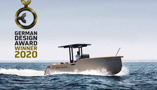 Electric boat with logo of German Design Awards in the corner of photo