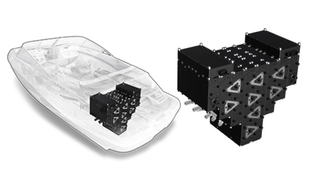 modular electric boat batteries are shown in a triangular shape in a cutaway drawing of a speedboat