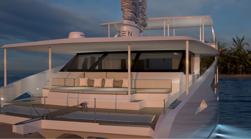 Lounge at stern of ZEN50 at sunset